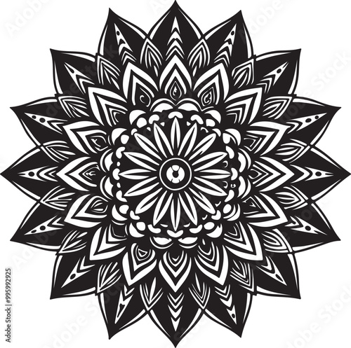 Detailed black and white mandala illustration of a flower in a symmetrical design