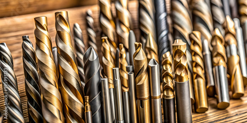 Close-up shot of various wood drill bits of different sizes , drill bits, woodworking tools, close-up, metal