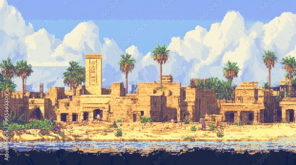 Obraz premium Pixelated Desert Cityscape with Palm Trees and Clouds