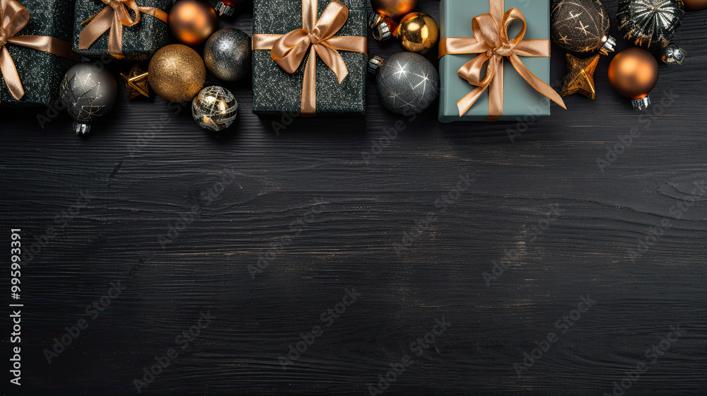 Top view of gifts, bows and Christmas decorations on a black wooden background Top view of gifts, bows and Christmas decorations on a black wooden background