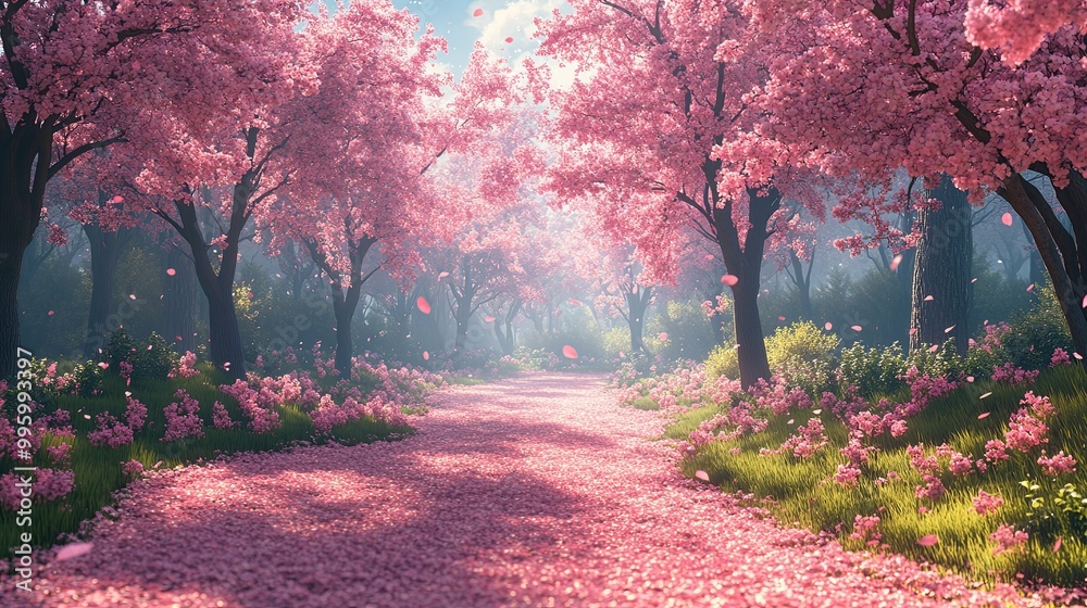 A Path Through a Blossoming Cherry Tree Forest A Path Through a Blossoming Cherry Tree Forest