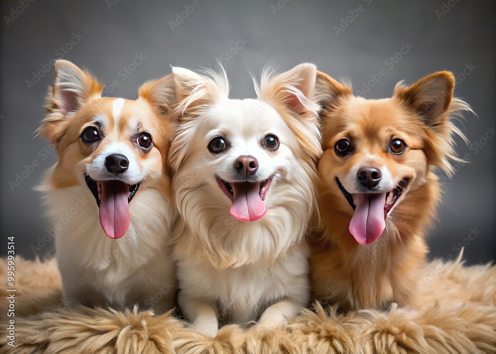 Snub-nosed friends snuggle together on a plush rug, their soft fur and big eyes adorable as they playfully pose with tongues lolling and ears perked. Snub-nosed friends snuggle together on a plush rug, their soft fur and big eyes adorable as they playfully pose with tongues lolling and ears perked.