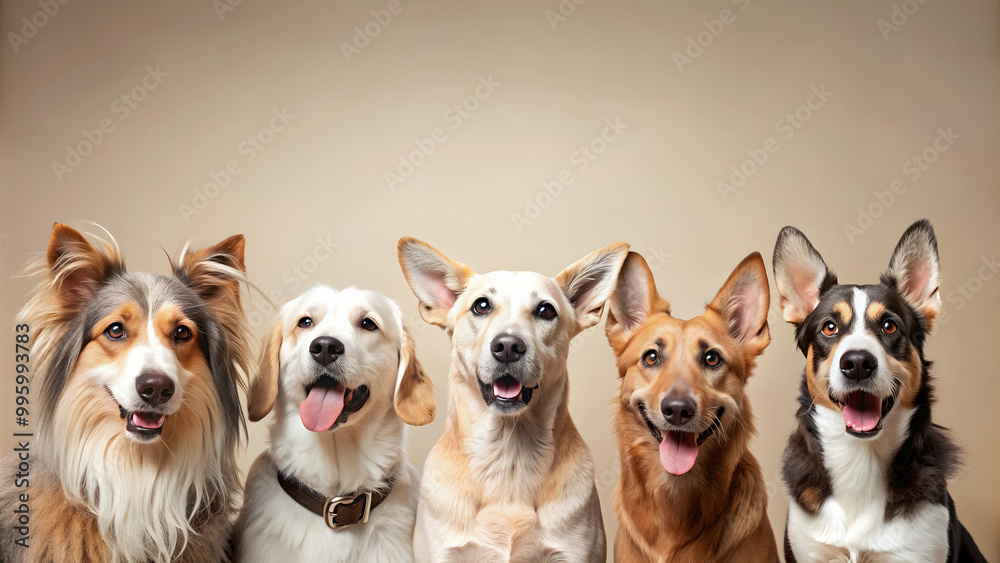 Row of seven diverse dogs sitting with curious and playful expressions, beige background, dogs, diverse, group, row, sitting Row of seven diverse dogs sitting with curious and playful expressions, beige background, dogs, diverse, group, row, sitting