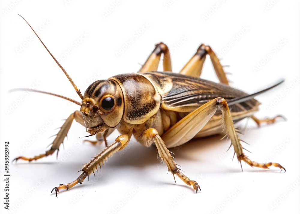 Softly focused, the edible cricket's gentle curves and brown stripes blend with the pristine white background in subtle harmony. Softly focused, the edible cricket's gentle curves and brown stripes blend with the pristine white background in subtle harmony.