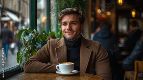 A man smiles as he enjoys a coffee in a cafe.