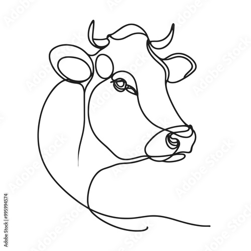 A cow with horns is drawn in a lineart style. The cow has a calm and peaceful expression, and the lineart style gives it a simple and elegant appearance