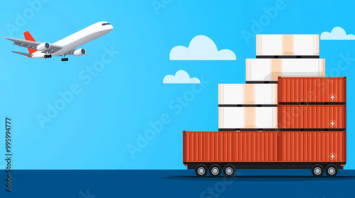 Air freight containers with pharmaceuticals, airport logistics, flat design illustration