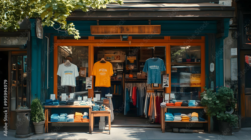 Naklejka premium A colorful clothing store storefront with folded t-shirts on display outside, showcasing an inviting and vibrant atmosphere.