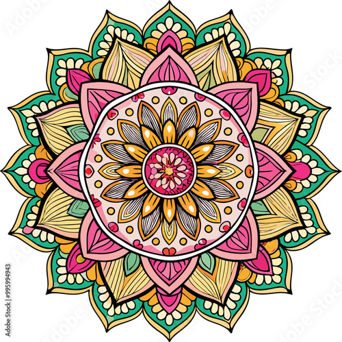 Detailed black and white mandala illustration of a flower in a symmetrical design