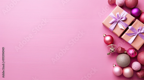 Top view of gifts, bows and Christmas decorations on a pink wooden background
