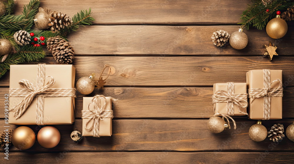 Top view of gifts, bows and Christmas decorations on a beige wooden background Top view of gifts, bows and Christmas decorations on a beige wooden background