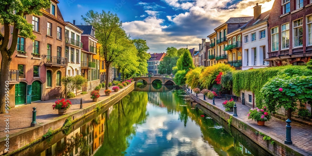 Fototapeta premium Stroll along the serene canal walkway, enveloped by vibrant buildings and lush greenery, where gentle waters lap against rustic stone and pedestrian bridges.