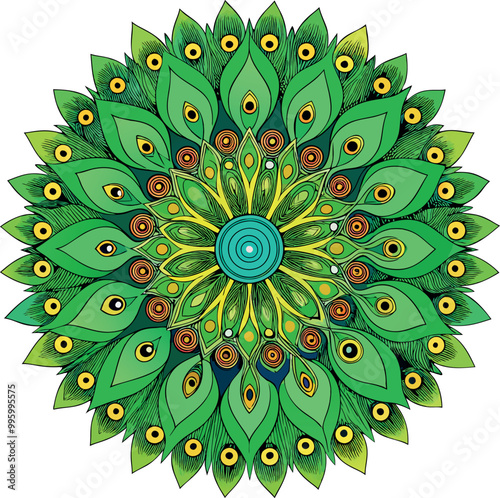 Detailed black and white mandala illustration of a flower in a symmetrical design