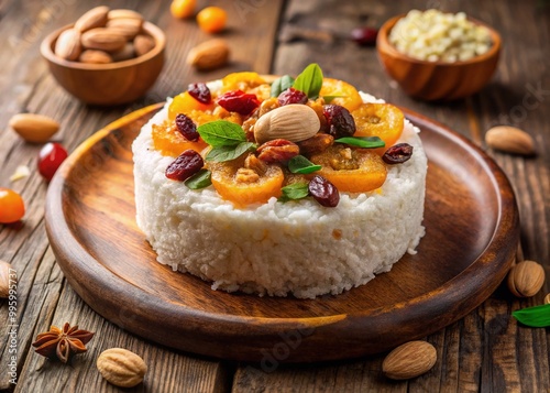 Sweet, Coconut Rice Cake From Goa, Topped With Jaggery Or Coconut Cream And Decorated With Dried Fruit And Nuts. photo