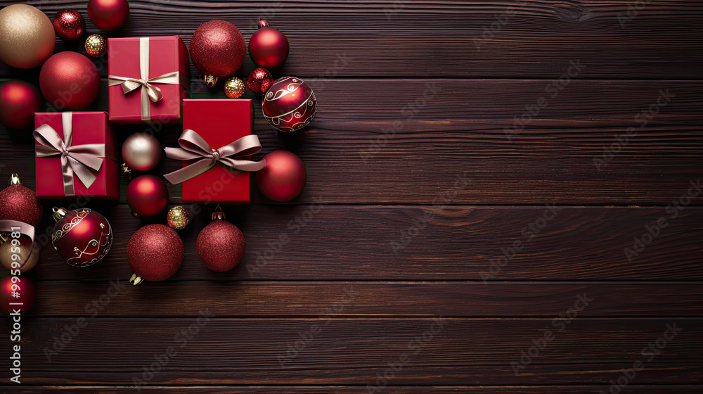 Naklejka premium Top view of gifts, bows and Christmas decorations on a dark red wooden background