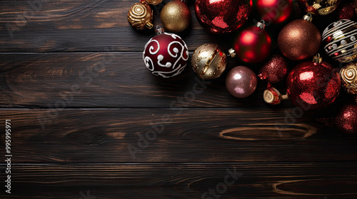 Top view of gifts, bows and Christmas decorations on a dark maroon wooden background