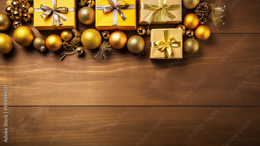 Naklejka premium Top view of gifts, bows and Christmas decorations on a dark yellow wooden background