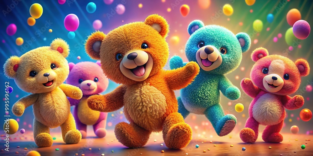 Teddy bears frolic on a bright background, their colorful fur shining as they play and interact in a whimsical world of wonder. Teddy bears frolic on a bright background, their colorful fur shining as they play and interact in a whimsical world of wonder.
