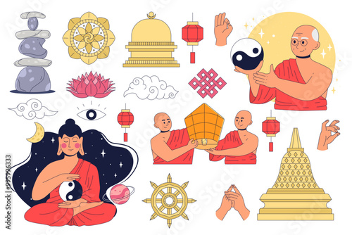 Set of Buddhist philosophy. Dharma wheel, teaching of karma, hands in mudra gestures, celebrations of Buddha's birthday, search for nirvana. Concept of reincarnation, cycle of life, death and rebirth