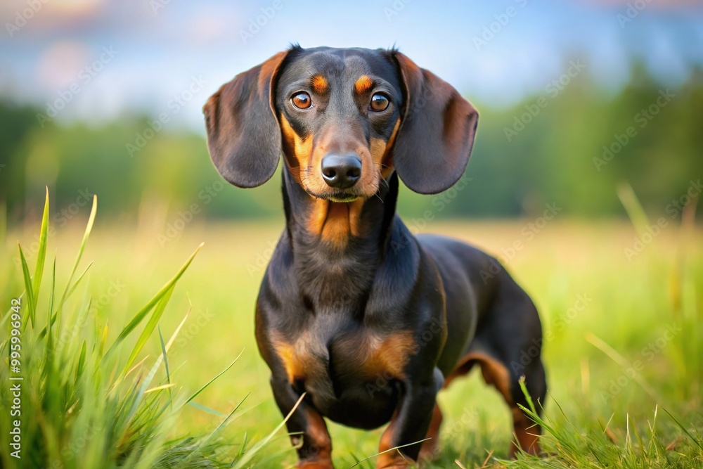 The brown and black dachshund stands alert, its head slightly tilted, as it surveys the open field with a keen and curious eye. The brown and black dachshund stands alert, its head slightly tilted, as it surveys the open field with a keen and curious eye.