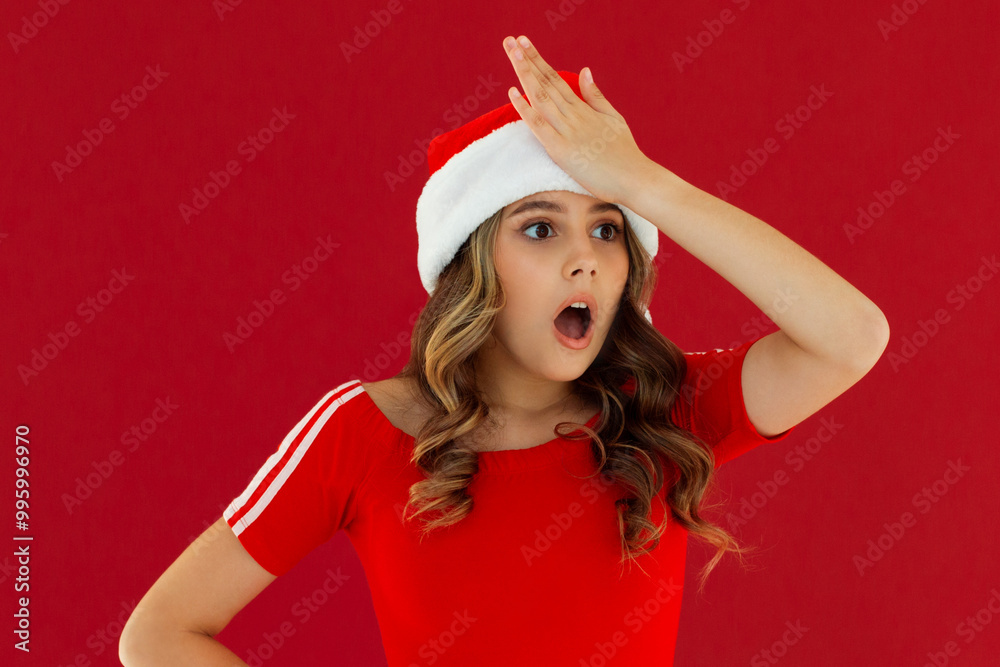 facepalm gesture. puzzled girl in christmas red dress and santa claus hat hand on forehead on red isolated background, displeased and tired woman in new year's clothes facepalm gesture. puzzled girl in christmas red dress and santa claus hat hand on forehead on red isolated background, displeased and tired woman in new year's clothes