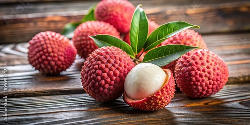 The exotic lychee fruit lay on the wooden table, its rough pink skin like a worn velvet cloak, inviting exploration. photo