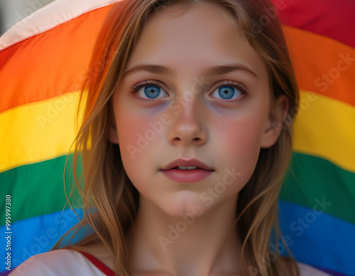 lesbian girl, waving Lgbt flag in the street, lgbt flag, blonde girl celebrating homosexuality, rainbow flag background