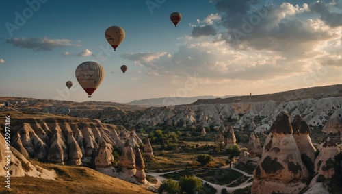 Beautiful cappadocia dawn with numerous hot air balloons floating serenely above the rugged landscape