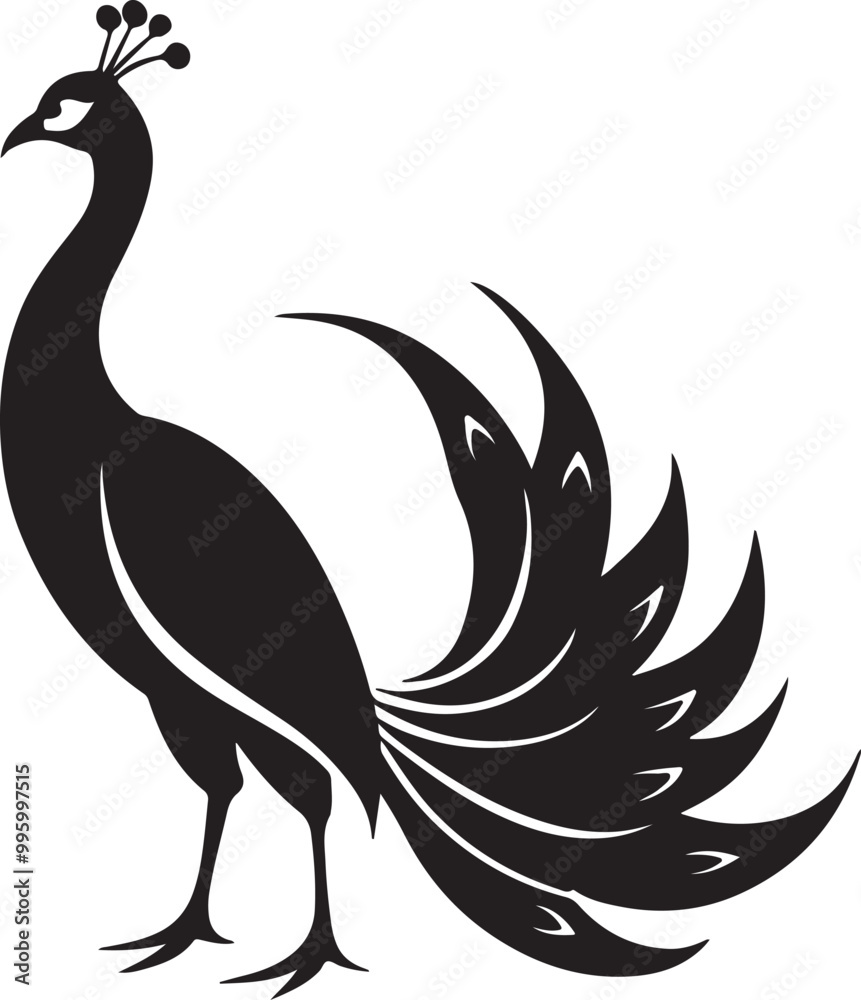 Obraz premium Vector art silhouette of a peacock in black against a white background, highlighting its graceful form and feathers