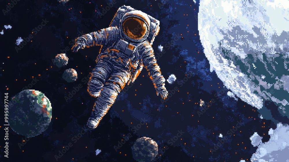Naklejka premium A Pixelated Astronaut Floating Amidst Stars and Planets in Space