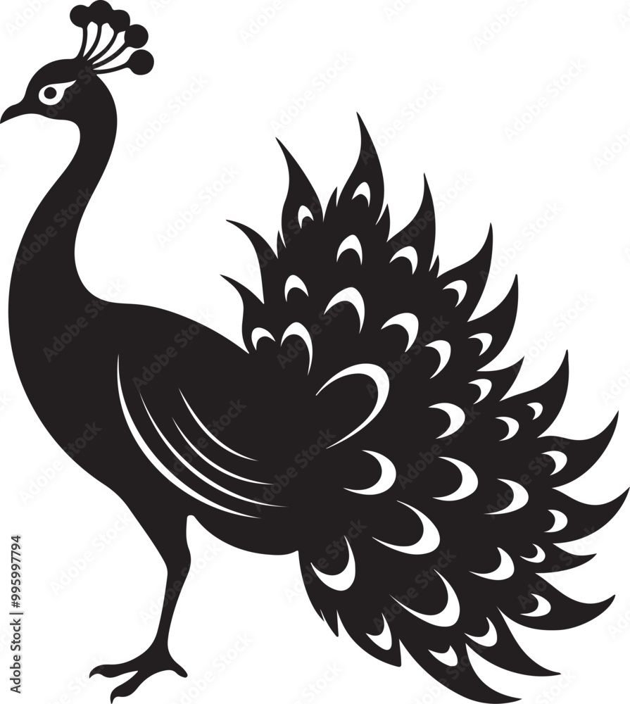 Fototapeta premium Vector art silhouette of a peacock in black against a white background, highlighting its graceful form and feathers
