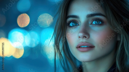 Closeup Portrait of Beautiful Young Woman with Blue Eyes and Freckles Against a Bokeh Background