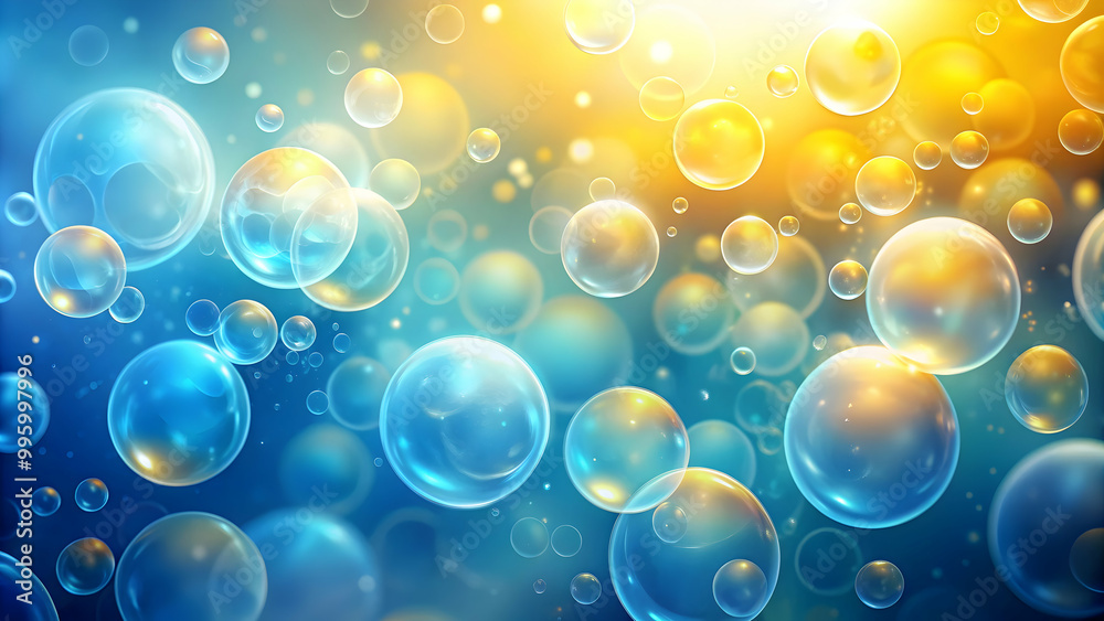 Soft abstract background with blue and yellow gradient hues and floating bubbles in a microcosmic style , bubbles, blue