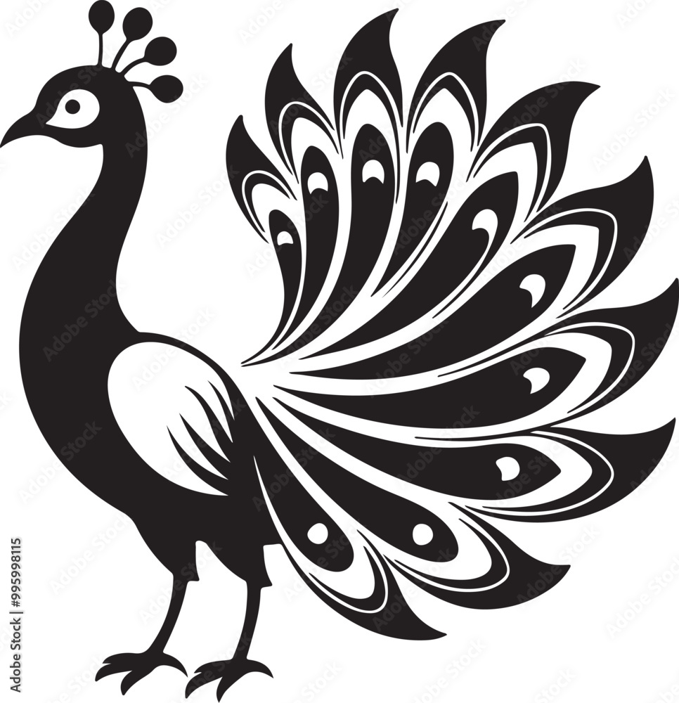 Fototapeta premium Vector art silhouette of a peacock in black against a white background, highlighting its graceful form and feathers