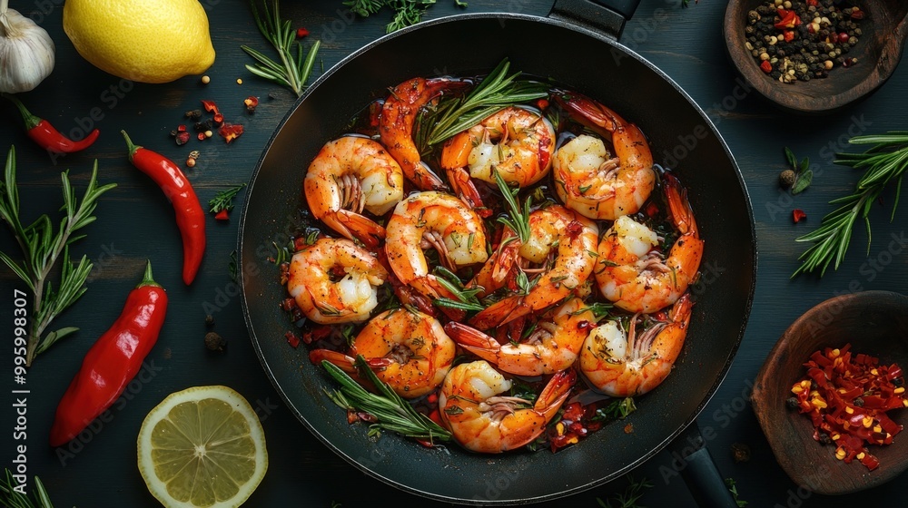 A close-up of a skillet filled with cooked shrimp, rosemary, and red pepper flakes. A close-up of a skillet filled with cooked shrimp, rosemary, and red pepper flakes.