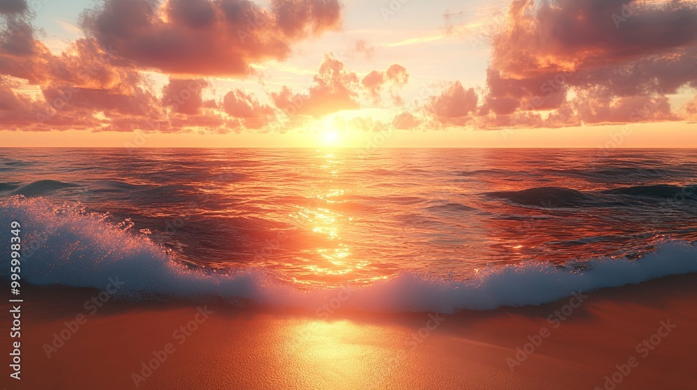 Golden Sunset Over the Ocean with a Foamy Wave Golden Sunset Over the Ocean with a Foamy Wave