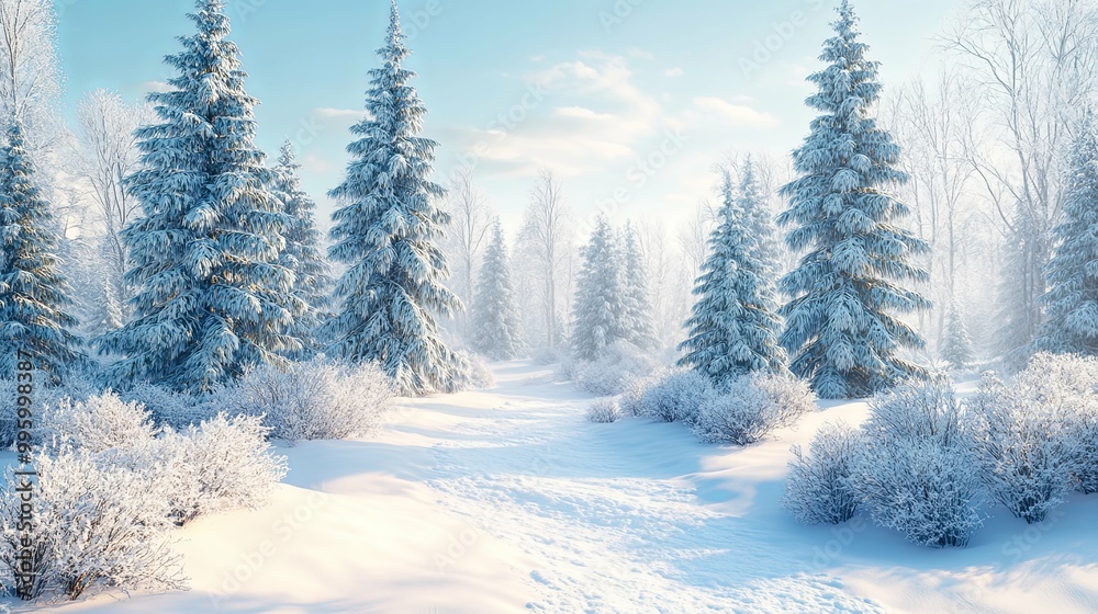Snow-Covered Pine Forest Path with a Blurry Background Snow-Covered Pine Forest Path with a Blurry Background