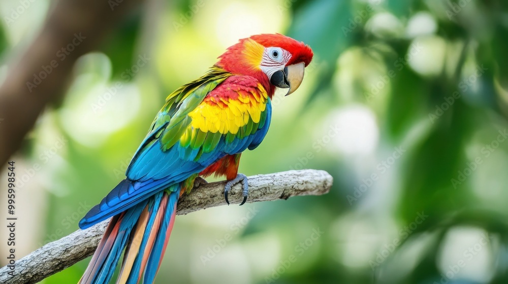 Fototapeta premium Vibrant Scarlet Macaw Perched on a Branch with Blurred Green Background