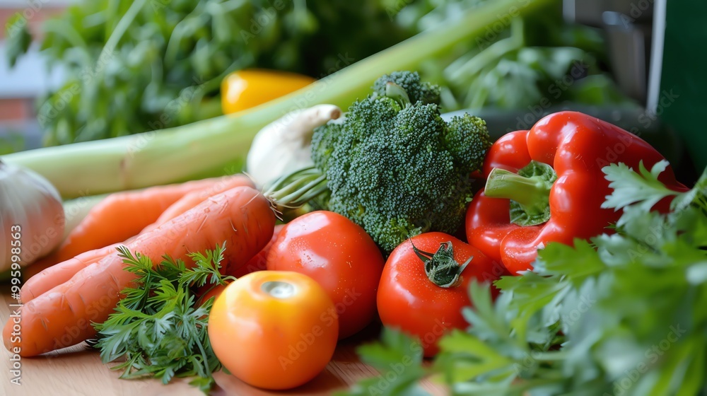 A variety of fresh vegetables on a table. A variety of fresh vegetables on a table.