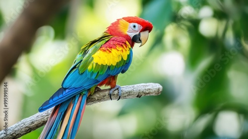 Vibrant Scarlet Macaw Perched on a Branch with Blurred Green Background