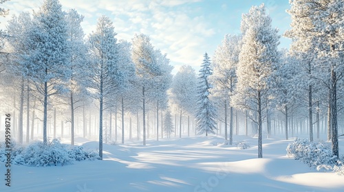 Snow-Covered Pine Forest with a Hazy Sky