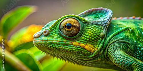 Close up of a green colored chameleon blending into its surroundings, chameleon, reptile, camouflage, wildlife, nature, close up