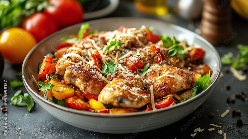 Fried chicken with vegetables and spices, grated cheese and breadcrumbs. on the kitchen table Fried chicken with vegetables and spices, grated cheese and breadcrumbs. on the kitchen table