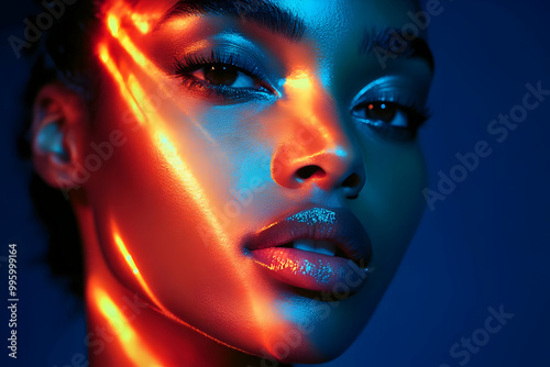 Close-up Portrait of a Woman with Red and Blue Lights Illuminating Her Face, Creating a Dramatic and Colorful Effect