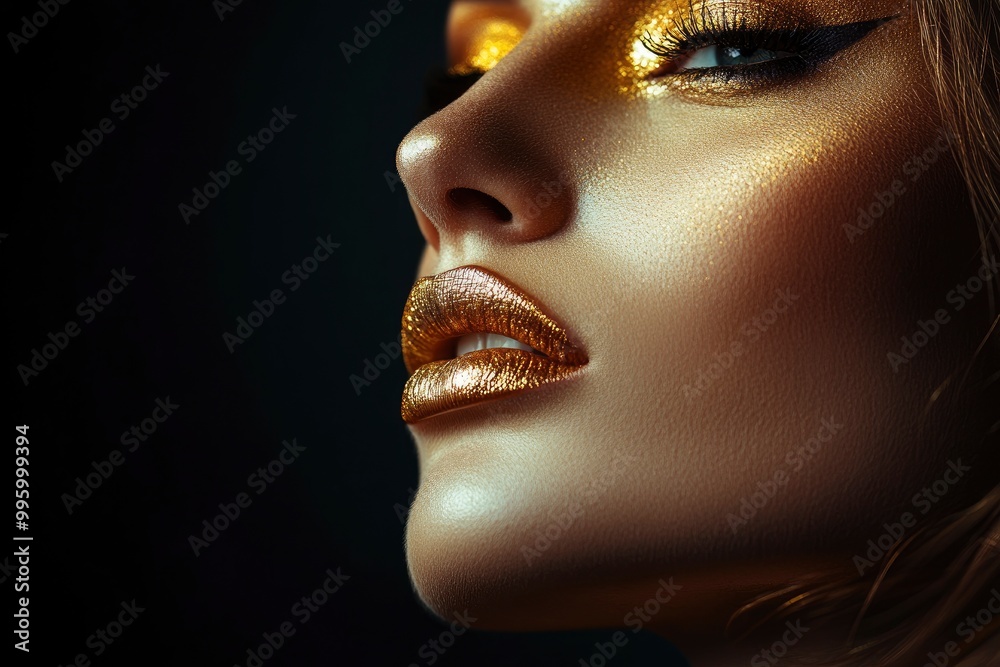 Fashion portrait of beautiful woman with golden make-up on dark background with generative ai Fashion portrait of beautiful woman with golden make-up on dark background with generative ai