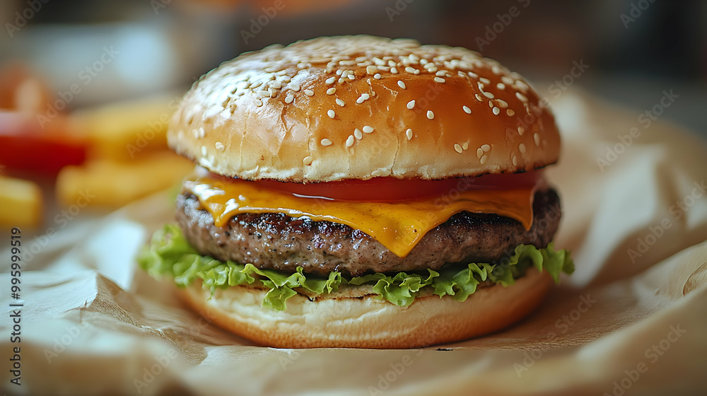 A Close-Up View of a Delicious Cheeseburger with Lettuce, Tomato, and Sesame Seed Bun on Parchment Paper A Close-Up View of a Delicious Cheeseburger with Lettuce, Tomato, and Sesame Seed Bun on Parchment Paper