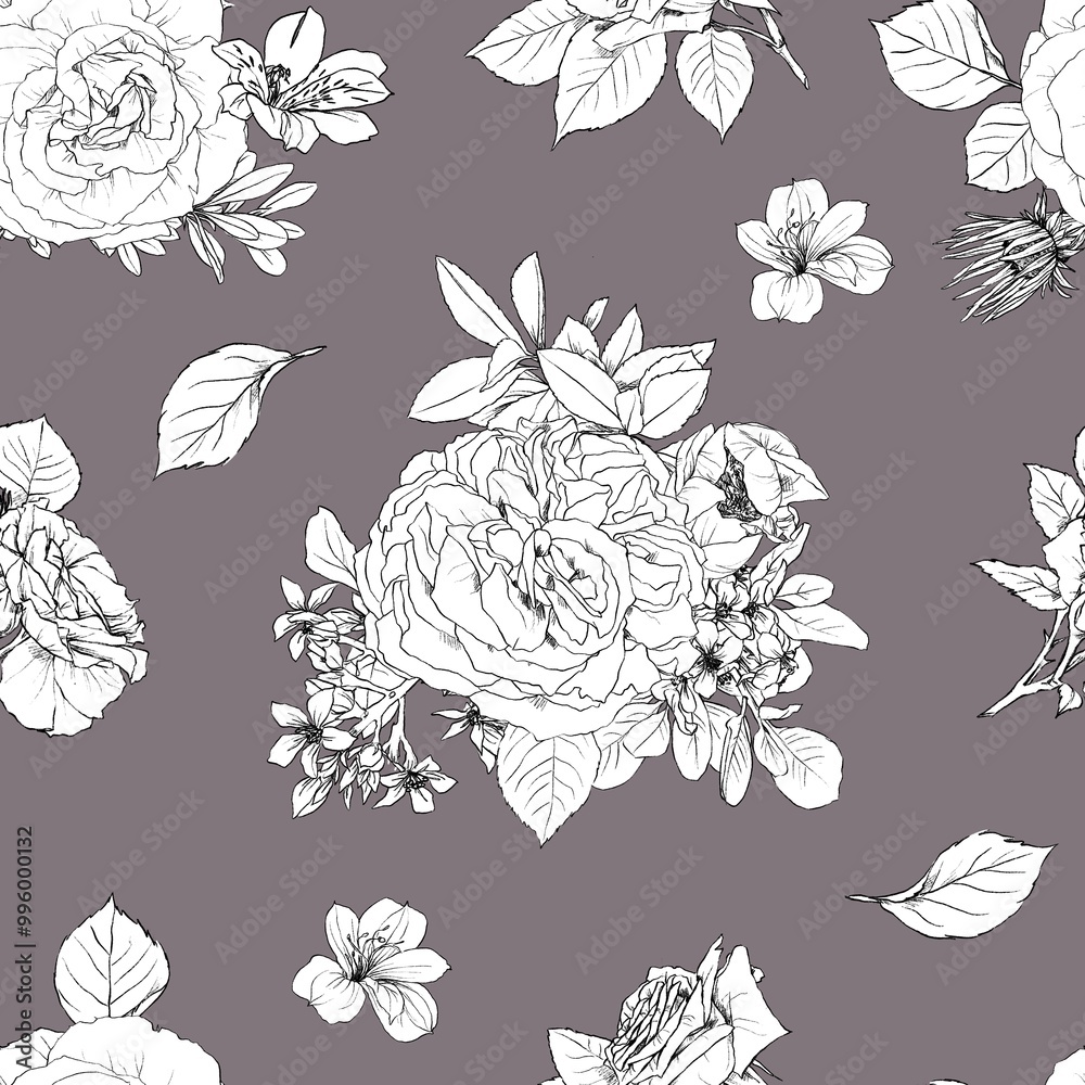 Fototapeta premium Hand drawn pencil graphic illustration seamless pattern of vintage flowers