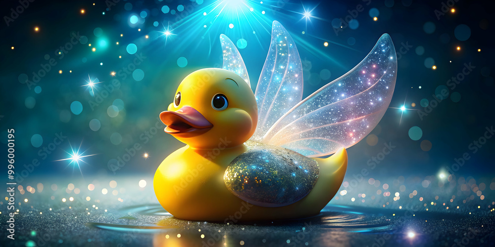 Fantasy rubber duck with sparkling scales, fairy wings, and magical aura , fantasy, rubber duck, whimsical, side view Fantasy rubber duck with sparkling scales, fairy wings, and magical aura , fantasy, rubber duck, whimsical, side view