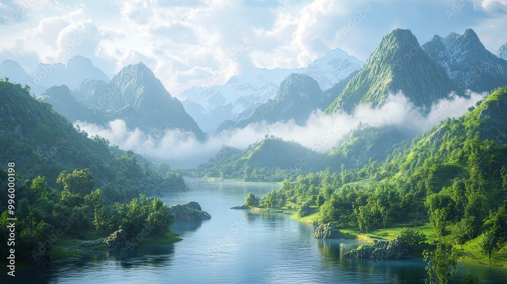 Serene River Winding Through a Misty Mountain Valley Serene River Winding Through a Misty Mountain Valley