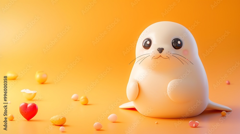 A cute cartoon seal on an orange background with scattered colorful spheres and a red heart. A cute cartoon seal on an orange background with scattered colorful spheres and a red heart.